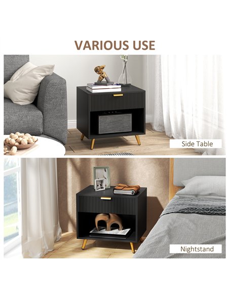 HOMCOM Elegant Bedside Table Set of 2, with Drawer and Shelf - Black/Gold Tone
