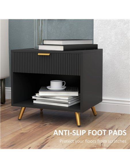 HOMCOM Elegant Bedside Table Set of 2, with Drawer and Shelf - Black/Gold Tone