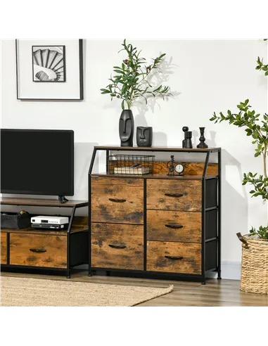 HOMCOM Bedroom Chest of Drawers, Industrial 5 Fabric Drawer Dresser with Open Shelf for Living Room, Rustic Brown