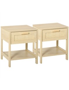 HOMCOM Bedside Table Set of 2 with Rattan Drawer, Rustic Side Tables with Storage Shelf for Bedroom, Living Room, Natural