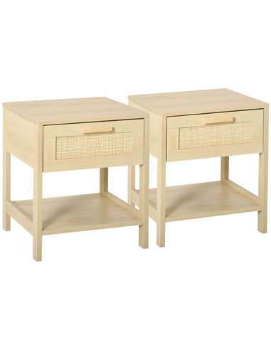 HOMCOM Bedside Table Set of 2 with Rattan Drawer, Rustic Side Tables with Storage Shelf for Bedroom, Living Room, Natural