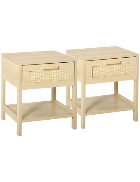 HOMCOM Bedside Table Set of 2 with Rattan Drawer, Rustic Side Tables with Storage Shelf for Bedroom, Living Room, Natural