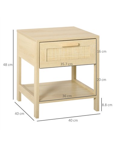 HOMCOM Bedside Table Set of 2 with Rattan Drawer, Rustic Side Tables with Storage Shelf for Bedroom, Living Room, Natural