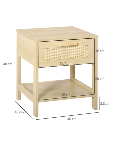 HOMCOM Bedside Table Set of 2 with Rattan Drawer, Rustic Side Tables with Storage Shelf for Bedroom, Living Room, Natural