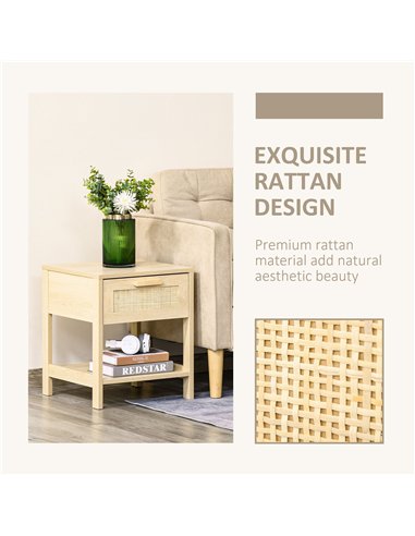 HOMCOM Bedside Table Set of 2 with Rattan Drawer, Rustic Side Tables with Storage Shelf for Bedroom, Living Room, Natural