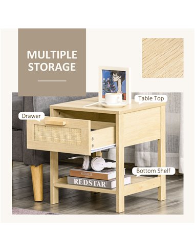 HOMCOM Bedside Table Set of 2 with Rattan Drawer, Rustic Side Tables with Storage Shelf for Bedroom, Living Room, Natural