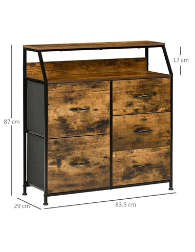 HOMCOM Bedroom Chest of Drawers, Industrial 5 Fabric Drawer Dresser with Open Shelf for Living Room, Rustic Brown