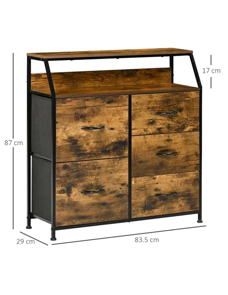 HOMCOM Bedroom Chest of Drawers, Industrial 5 Fabric Drawer Dresser with Open Shelf for Living Room, Rustic Brown