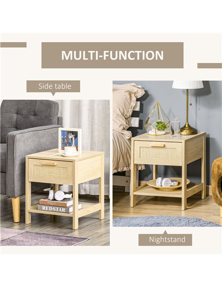 HOMCOM Bedside Table Set of 2 with Rattan Drawer, Rustic Side Tables with Storage Shelf for Bedroom, Living Room, Natural