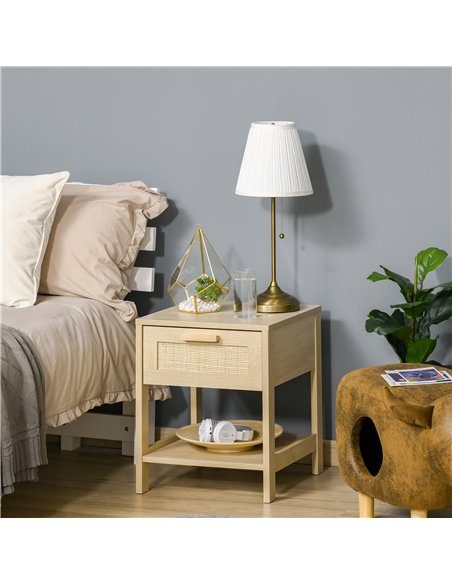 HOMCOM Bedside Table Set of 2 with Rattan Drawer, Rustic Side Tables with Storage Shelf for Bedroom, Living Room, Natural