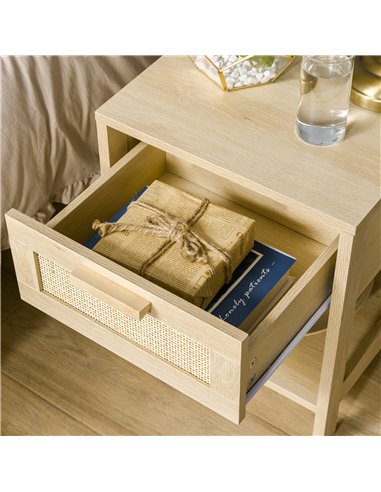 HOMCOM Bedside Table Set of 2 with Rattan Drawer, Rustic Side Tables with Storage Shelf for Bedroom, Living Room, Natural