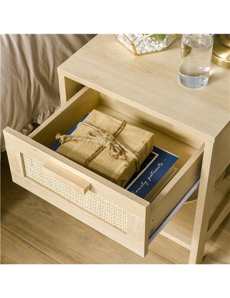 HOMCOM Bedside Table Set of 2 with Rattan Drawer, Rustic Side Tables with Storage Shelf for Bedroom, Living Room, Natural