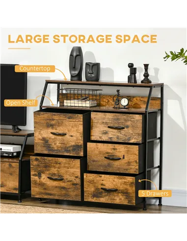 HOMCOM Bedroom Chest of Drawers, Industrial 5 Fabric Drawer Dresser with Open Shelf for Living Room, Rustic Brown