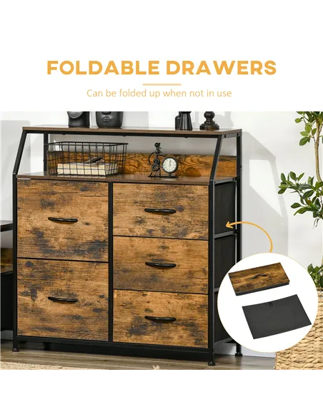 HOMCOM Bedroom Chest of Drawers, Industrial 5 Fabric Drawer Dresser with Open Shelf for Living Room, Rustic Brown