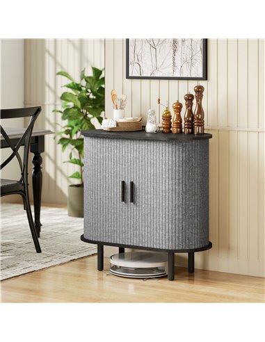 HOMCOM Tambour Sideboard with Fluted Sliding Doors, Modern Kitchen Cupboard with Storage Shelves and Wooden Legs, Grey