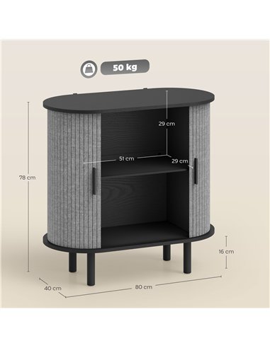 HOMCOM Tambour Sideboard with Fluted Sliding Doors, Modern Kitchen Cupboard with Storage Shelves and Wooden Legs, Grey