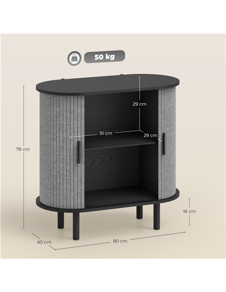 HOMCOM Tambour Sideboard with Fluted Sliding Doors, Modern Kitchen Cupboard with Storage Shelves and Wooden Legs, Grey