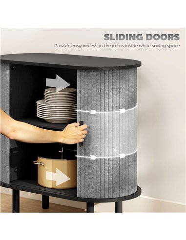 HOMCOM Tambour Sideboard with Fluted Sliding Doors, Modern Kitchen Cupboard with Storage Shelves and Wooden Legs, Grey