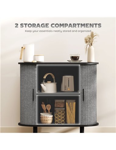 HOMCOM Tambour Sideboard with Fluted Sliding Doors, Modern Kitchen Cupboard with Storage Shelves and Wooden Legs, Grey