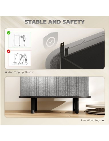 HOMCOM Tambour Sideboard with Fluted Sliding Doors, Modern Kitchen Cupboard with Storage Shelves and Wooden Legs, Grey