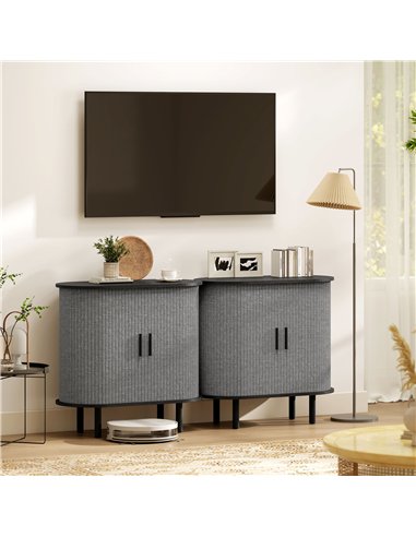HOMCOM Tambour Sideboard with Fluted Sliding Doors, Modern Kitchen Cupboard with Storage Shelves and Wooden Legs, Grey