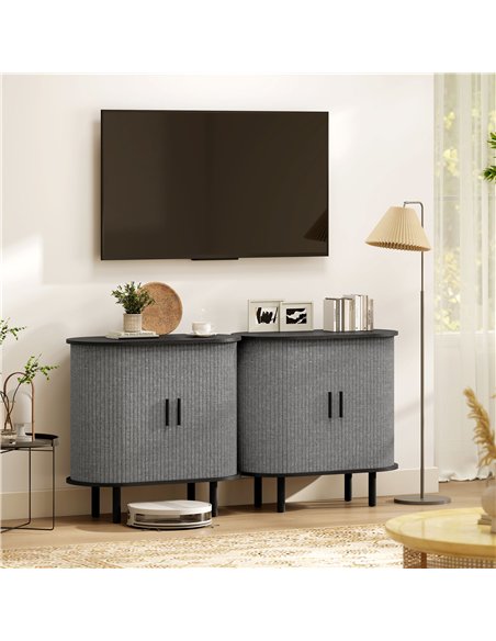 HOMCOM Tambour Sideboard with Fluted Sliding Doors, Modern Kitchen Cupboard with Storage Shelves and Wooden Legs, Grey