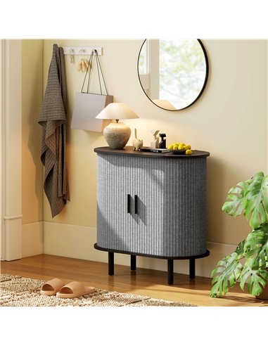 HOMCOM Tambour Sideboard with Fluted Sliding Doors, Modern Kitchen Cupboard with Storage Shelves and Wooden Legs, Grey