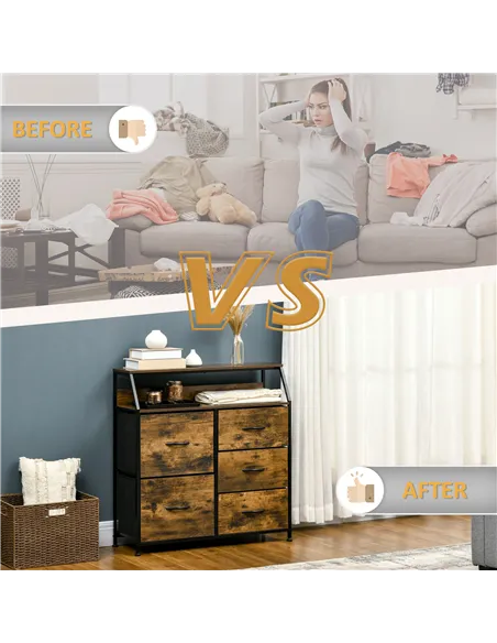 HOMCOM Bedroom Chest of Drawers, Industrial 5 Fabric Drawer Dresser with Open Shelf for Living Room, Rustic Brown