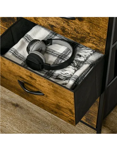 HOMCOM Bedroom Chest of Drawers, Industrial 5 Fabric Drawer Dresser with Open Shelf for Living Room, Rustic Brown