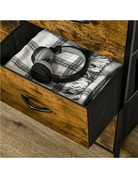HOMCOM Bedroom Chest of Drawers, Industrial 5 Fabric Drawer Dresser with Open Shelf for Living Room, Rustic Brown