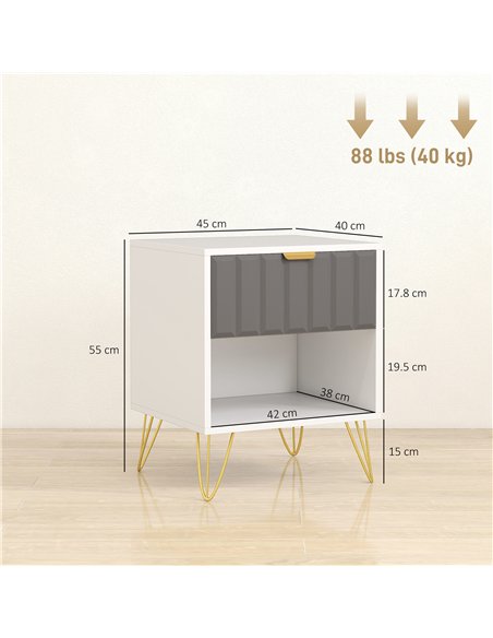 HOMCOM Bedside Table Modern Bedside Cabinet with Drawer and Open Compartment, 45 x 40 x 55, White
