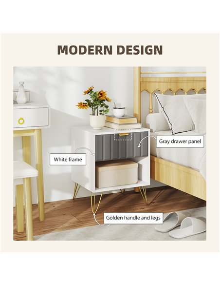 HOMCOM Bedside Table Modern Bedside Cabinet with Drawer and Open Compartment, 45 x 40 x 55, White