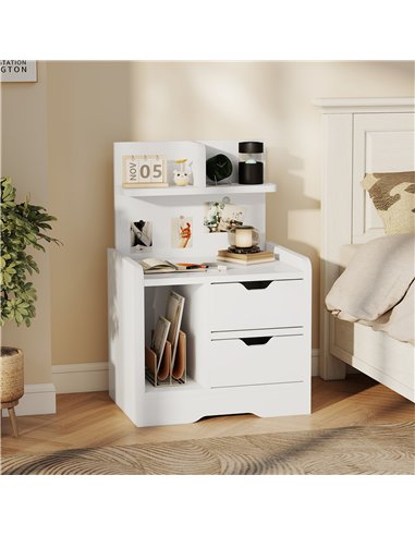HOMCOM Bedside Table with 2 Drawers and Open Shelves - High Gloss White