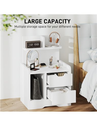 HOMCOM Bedside Table with 2 Drawers and Open Shelves - High Gloss White