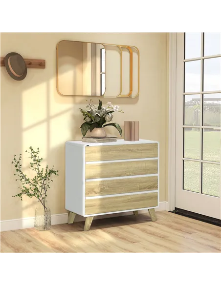 HOMCOM Drawer Chest, 4-Drawer Storage Organiser for Bedroom, Living Room, 80cmx40cmx79.5cm, White and Natural