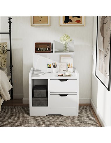 HOMCOM Bedside Table with 2 Drawers and Open Shelves - High Gloss White