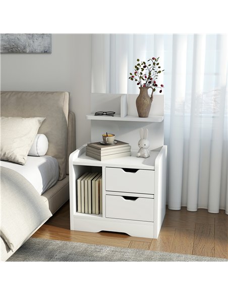 HOMCOM Bedside Table with 2 Drawers and Open Shelves - High Gloss White