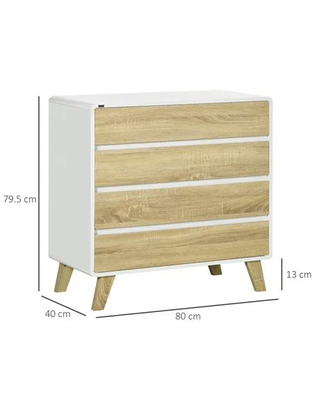 HOMCOM Drawer Chest, 4-Drawer Storage Organiser for Bedroom, Living Room, 80cmx40cmx79.5cm, White and Natural