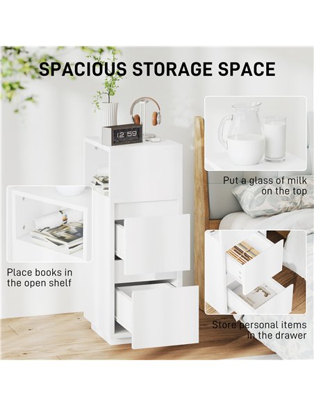 HOMCOM Slim Bedside Table, Narrow Bedside Cabinet with Open Shelf and 2 Drawers for Bedroom, Living Room, White