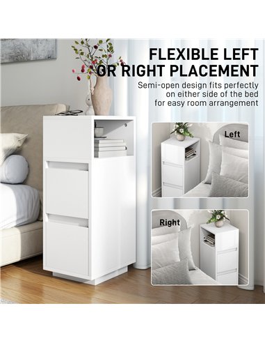 HOMCOM Slim Bedside Table, Narrow Bedside Cabinet with Open Shelf and 2 Drawers for Bedroom, Living Room, White