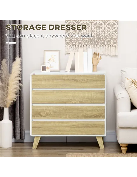 HOMCOM Drawer Chest, 4-Drawer Storage Organiser for Bedroom, Living Room, 80cmx40cmx79.5cm, White and Natural