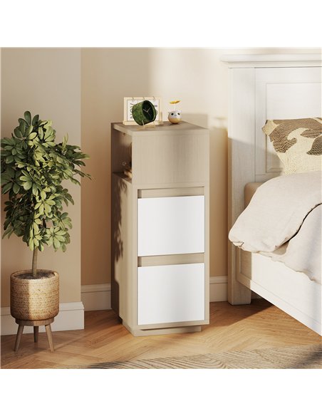 HOMCOM Slim Bedside Table, Narrow Bedside Cabinet with Open Shelf and 2 Drawers for Bedroom, Living Room, Natural Wood Finish