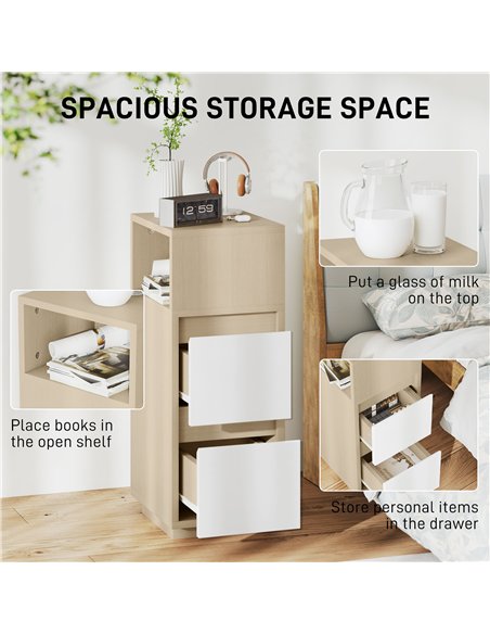 HOMCOM Slim Bedside Table, Narrow Bedside Cabinet with Open Shelf and 2 Drawers for Bedroom, Living Room, Natural Wood Finish