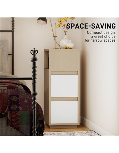 HOMCOM Slim Bedside Table, Narrow Bedside Cabinet with Open Shelf and 2 Drawers for Bedroom, Living Room, Natural Wood Finish