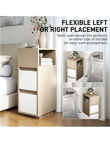 HOMCOM Slim Bedside Table, Narrow Bedside Cabinet with Open Shelf and 2 Drawers for Bedroom, Living Room, Natural Wood Finish