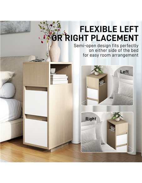 HOMCOM Slim Bedside Table, Narrow Bedside Cabinet with Open Shelf and 2 Drawers for Bedroom, Living Room, Natural Wood Finish