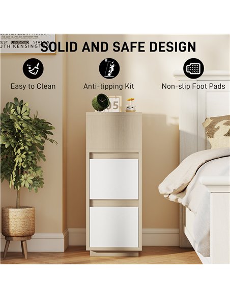 HOMCOM Slim Bedside Table, Narrow Bedside Cabinet with Open Shelf and 2 Drawers for Bedroom, Living Room, Natural Wood Finish