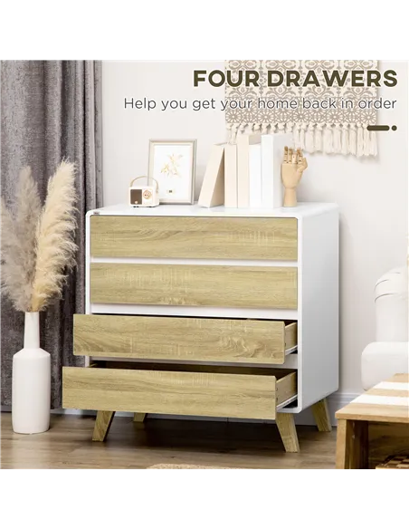 HOMCOM Drawer Chest, 4-Drawer Storage Organiser for Bedroom, Living Room, 80cmx40cmx79.5cm, White and Natural