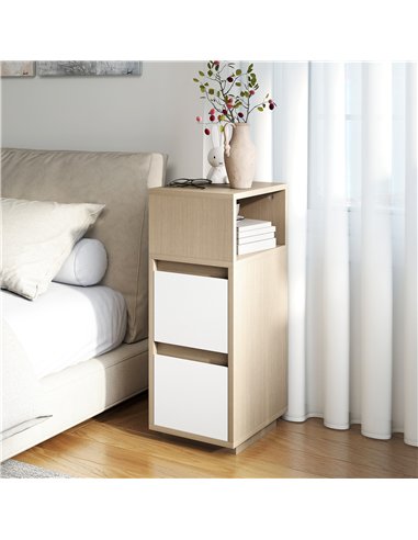 HOMCOM Slim Bedside Table, Narrow Bedside Cabinet with Open Shelf and 2 Drawers for Bedroom, Living Room, Natural Wood Finish