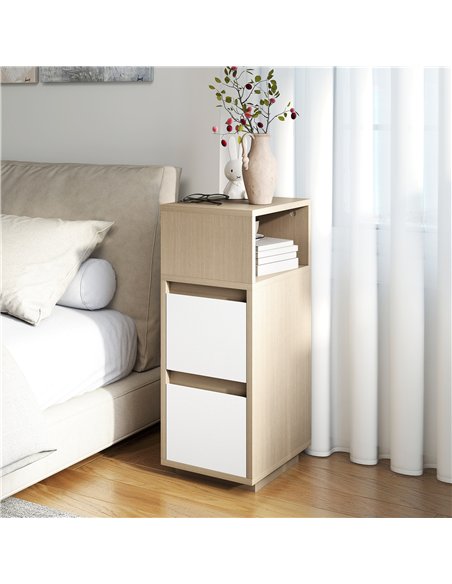 HOMCOM Slim Bedside Table, Narrow Bedside Cabinet with Open Shelf and 2 Drawers for Bedroom, Living Room, Natural Wood Finish